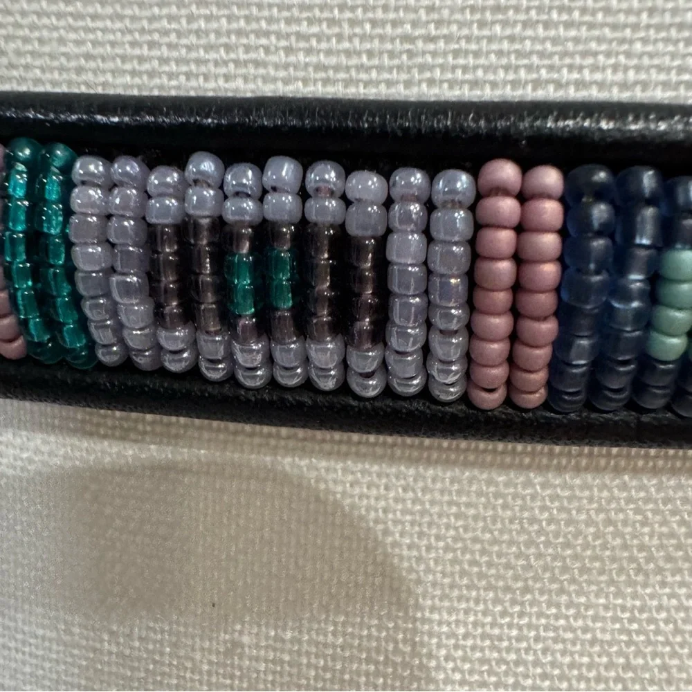 Brighton Black Leather Belt Silver Buckle Aztec Bead Square Design Pink Teal Med